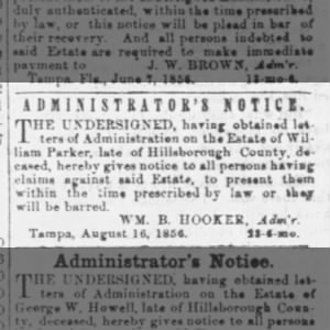 Notice of death of William Parker. Claims invited. Wm. B. Hooker, Adm'r.