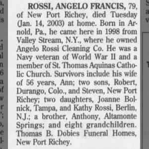 Obituary for ANGELO FRANCIS ROSSI
