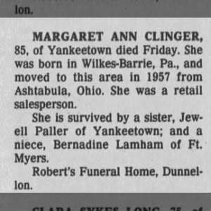 Obituary for MARGARET ANN CLINGER